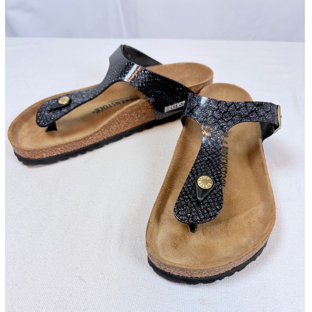 Birkenstock Gizeh Black Snakeskin Metallic Thong Sandals Women 39 8-8.5. EUC